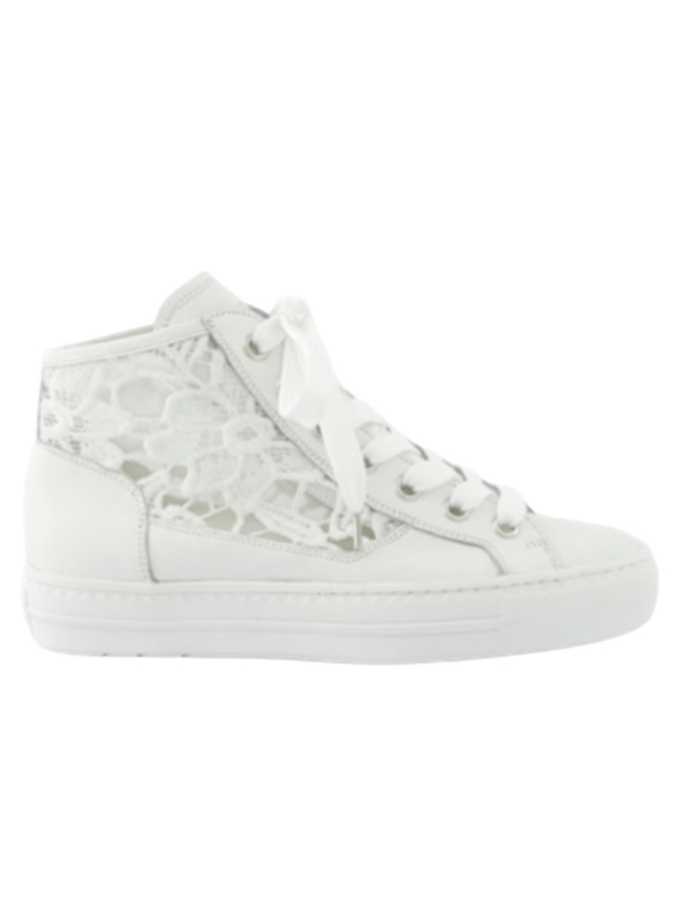 White leather high top Sneaker with flower mesh detail.